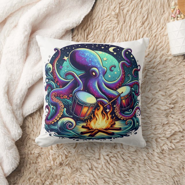 Almofada Octopus Tocando Tambores por uma fogueira à noite (Cobertor)