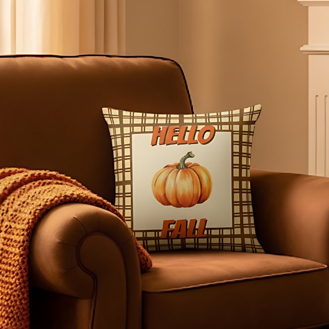 Almofada Olá Outono Fazenda com Abóbora e Xadrez Des (Stylish Hello Fall Pillow)