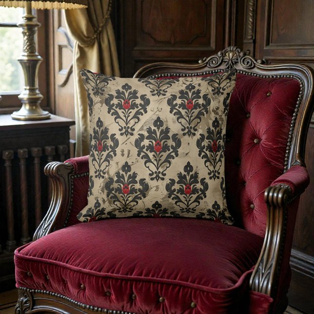 Almofada Old Victorian Black Red & Beige Damask (Criador carregado)