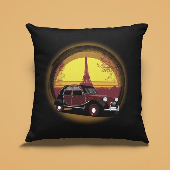 Almofada Oldtimer 2cv Charleston Paris Sonnenuntergang (2CV Pillow in Black with a Romantic Deux Chevaux Charleston Eiffel Tower Illustration)