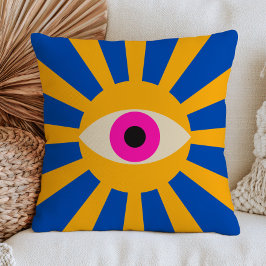 Almofada Olho Mau Rosa Raios Solares Amarelos Azul Vibrante