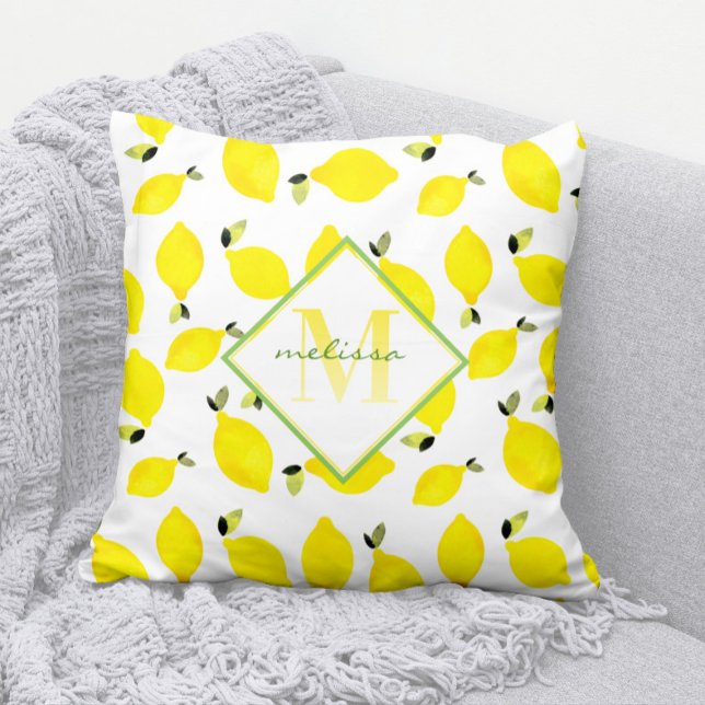Almofada Ombro Monograma Brilho Limões Amarelos Verde Branc (Modern Lemon Pattern Monogram Pillow with Name)