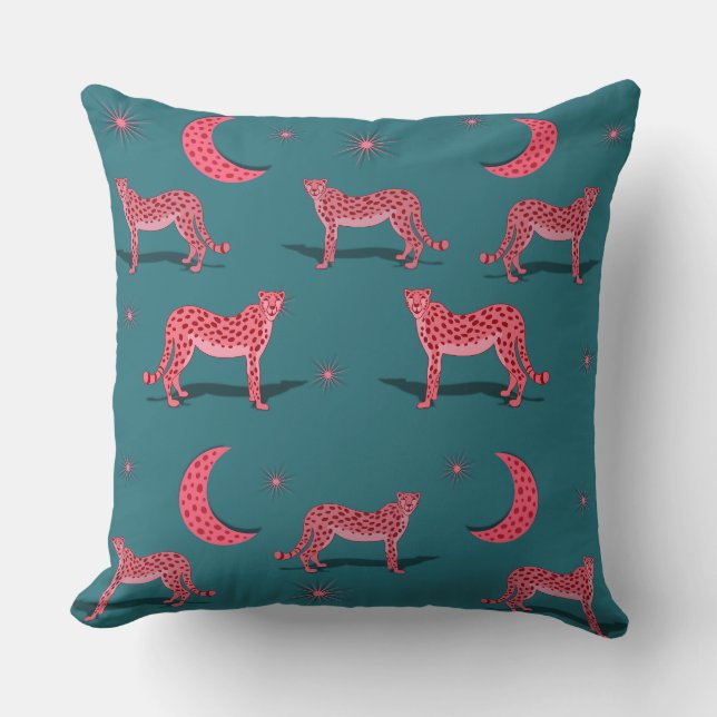 Almofada Onça-pintada Boho Azul-petróleo e Lua Rosa  (Frente)