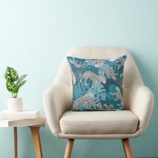 Almofada Onça Pintada da Selva em Verde Azul e Folhas de Mo