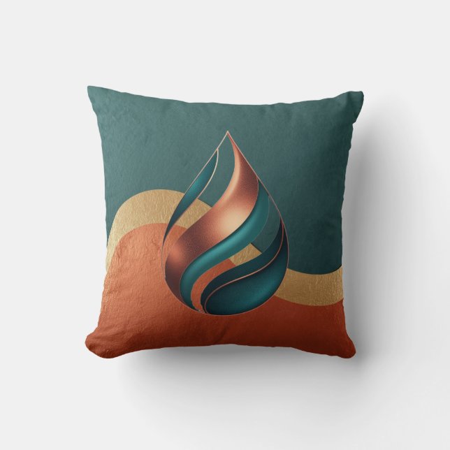 Almofada Onda de Lágrima Moderna Turquesa Cobre Dourado (Frente)
