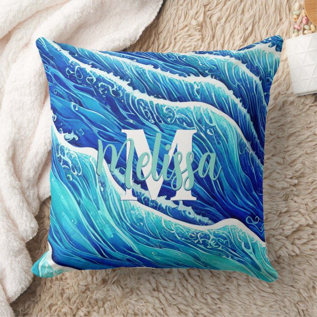 Almofada Ondas abstrato Azuis Do Oceano Monograma (Cobertor)