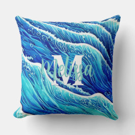 Almofada Ondas abstrato Azuis Do Oceano Monograma