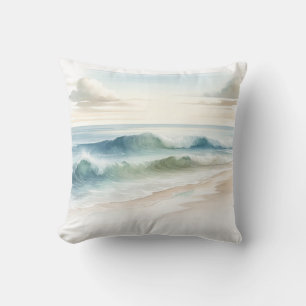 Almofada Ondas de praia em aquarela rústica costeira