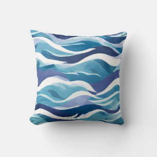 Almofada Ondas do Oceano Azul Aquarela Moderna Simplista