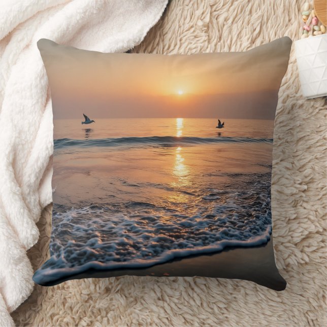 Almofada Ondas do Oceano Pôr do Sol Dourado com Pássaros (Cobertor)