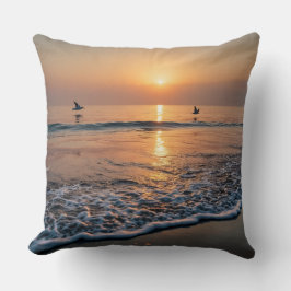 Almofada Ondas do Oceano Pôr do Sol Dourado com Pássaros