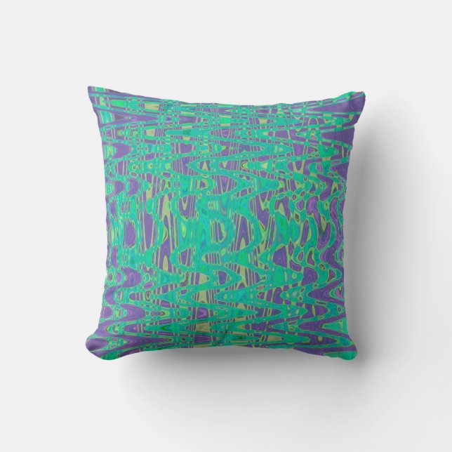 Almofada Ondas Retro de Tinta Abstrata Roxa e Verde (Frente)