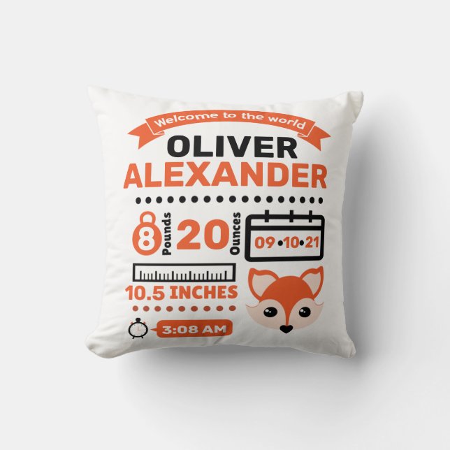 Almofada Orange Fox Newborn Baby Birds Stats (Frente)