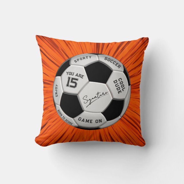 Almofada Orange Soccer Ball Custom Text Birthday Milestone  (Frente)