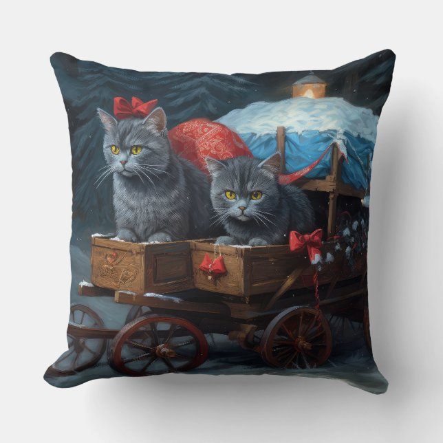 Almofada Oriental Blue Cat Snowy Sleigh Decência de Natal (Frente)