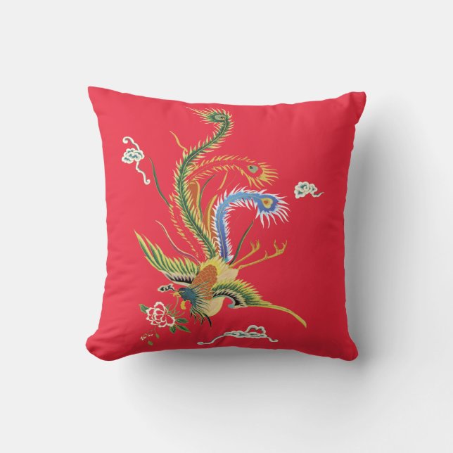 Almofada Oriental Pheasant on Bright Red Pillow (Frente)
