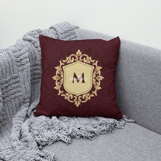 Almofada Ornamentado Real Damask Crest Monogramed Nome da F (Criador carregado)