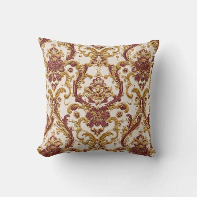 Almofada Ornamento Barroco de Marfim com Dourado e Burgundy (Frente)