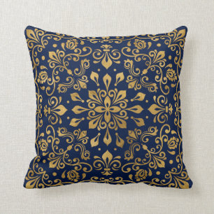 Almofada Ornamento do Damasco Oriental - Dourado no azul es