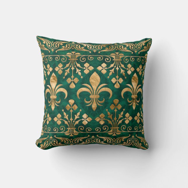 Almofada Ornamento Fleur-de-lis Emerald Green (Frente)