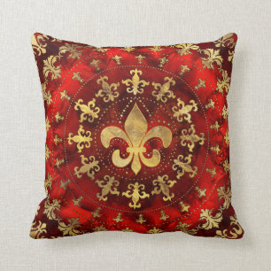 Almofada Ornamento Fleur-de-lis Marble Vermelho e Dourado