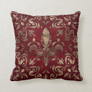 Almofada Ornamento Fleur-de-lis Vermelho e Dourado