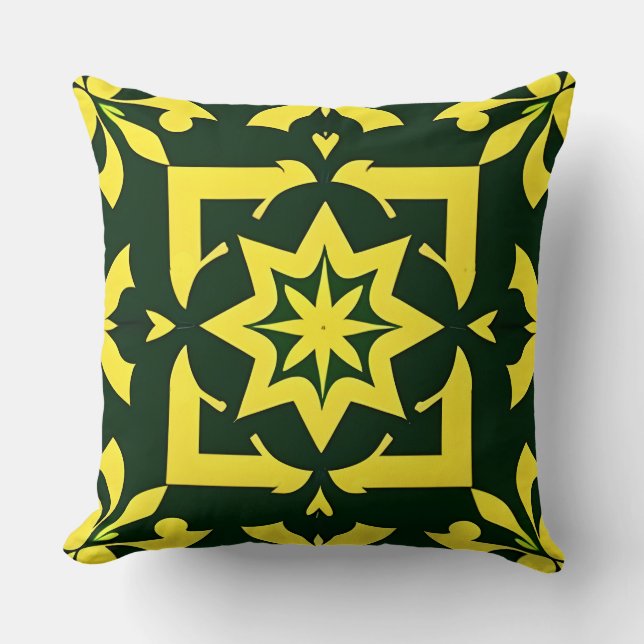 Almofada Ornamento Floral Amarelo em Fundo Verde (Frente)