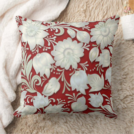 Almofada Ornamento Floral Branco abstrato em Fundo Vermelho