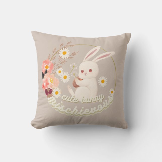 Almofada Ornamento Mischievous Cute Bunny e Flor (Frente)