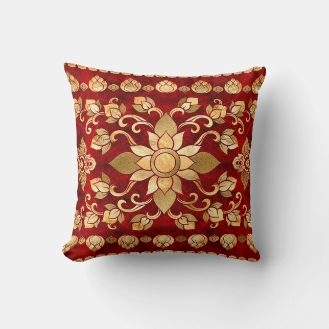 Almofada Ornamento Tailandês - Dourado e Vermelho (Frente)