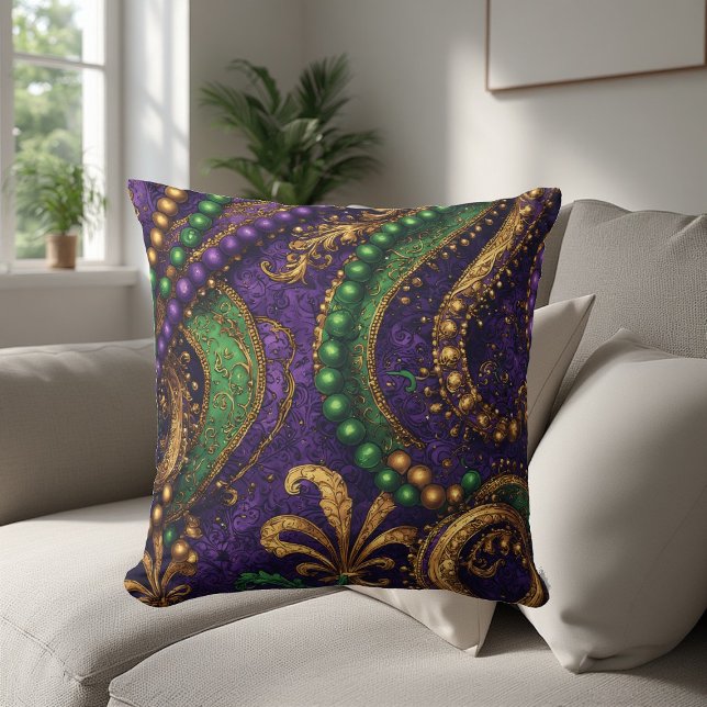 Almofada Ornate Masquerade Masks, Gold Beads, Fleur-de-Lis  (Ornate Masquerade Masks, Gold Beads, Fleur-de-Lis Throw Pillow)