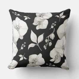 Almofada Orquídea Branca de Aquarela em Preto |