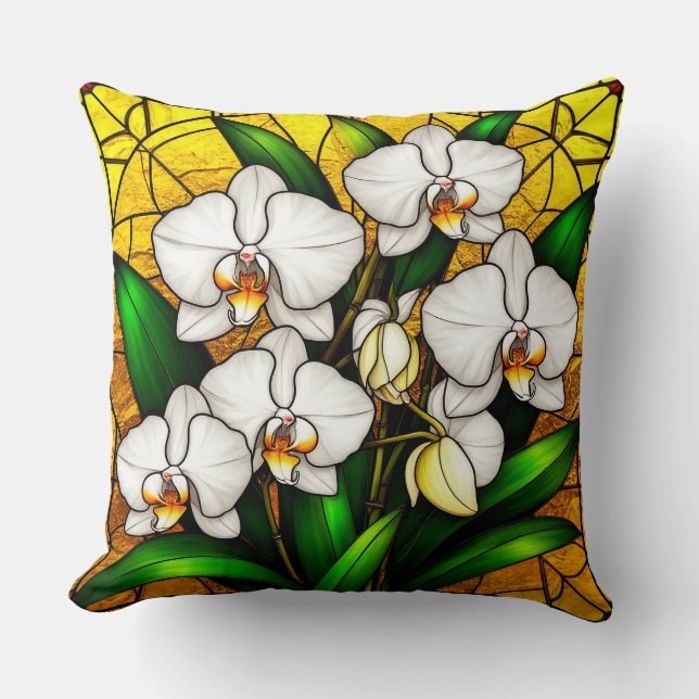 Almofada Orquídeas Brancas em Vidro Manchado Elegante (Frente)