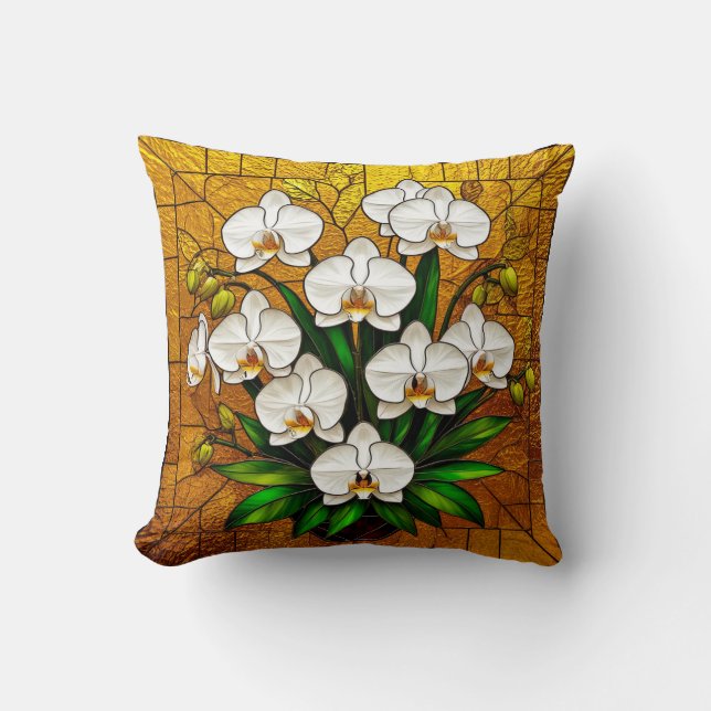 Almofada Orquídeas em uma Obra de Arte de Vidro Pintado Com (Frente)