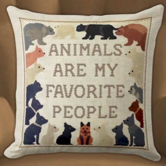 Almofada Os Animais São As Minhas Pessoas Favoritas - Stitc (Animals Are My Favorite People Funny Faux Needlepoint Stitched Pillow Neutral Colors Brick Red Navy )