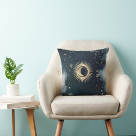 Almofada Ouro Celestial Sol, Lua, Estrelas Céu Noturno