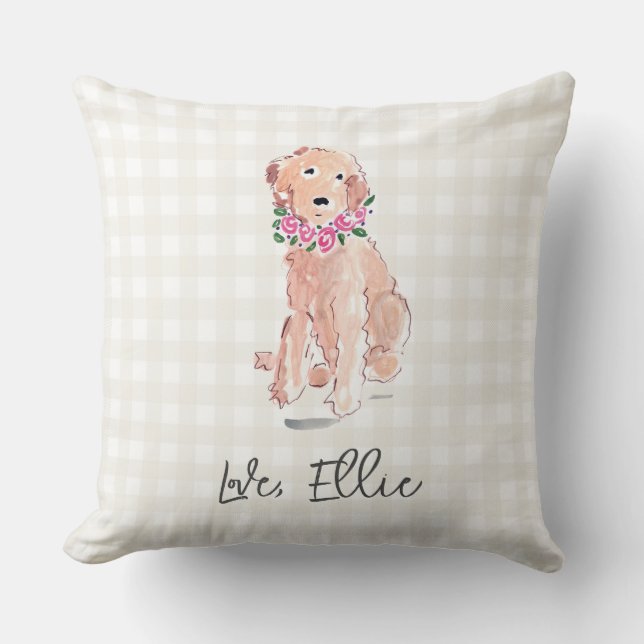 Almofada Ouro Doodle Art Dog Flowers Love NAME Gingham (Frente)