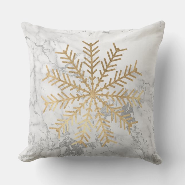 Almofada Ouro Flocos de Neve Cinza Frio Branco Prateado (Frente)