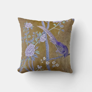 Almofada Ouro Jardim Chinoiserie Púrpura Pássaro e Pensão