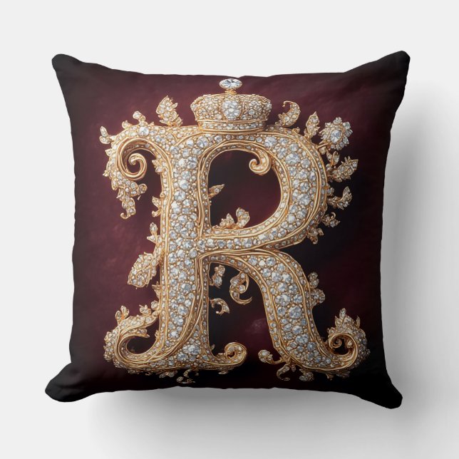 Almofada Ouro Ornamentado 'R' Adornado com Diamantes (Frente)