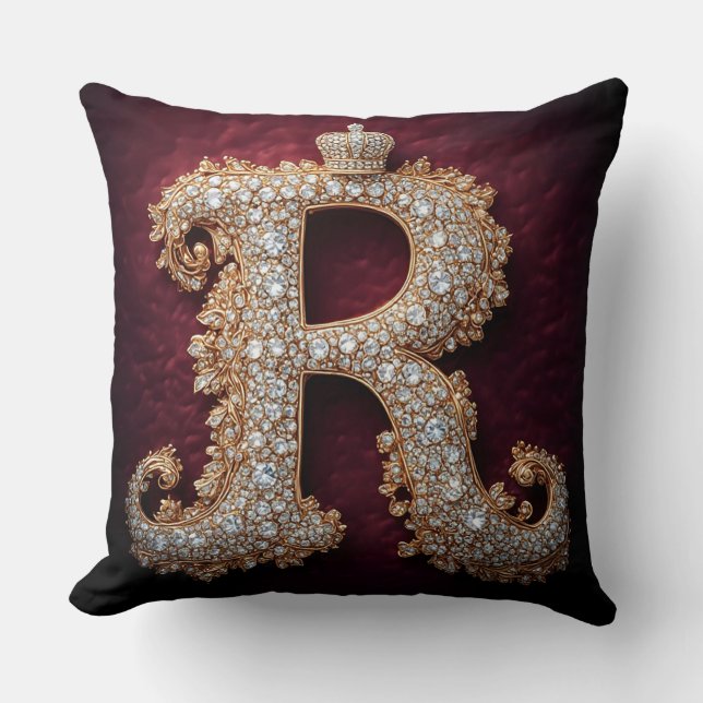Almofada Ouro Ornamentado 'R' Adornado com Diamantes (Frente)