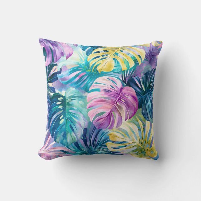 Almofada Ouro Watercolor - Folhas Tropicais (Frente)