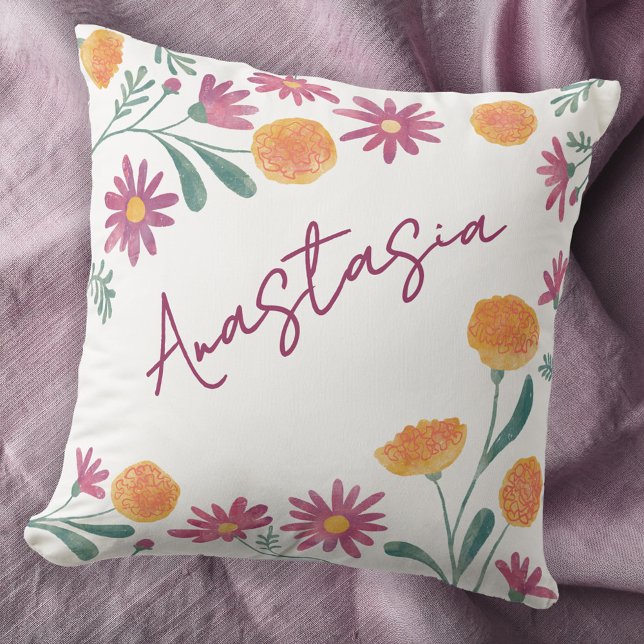 Almofada Outubro Mês de Aniversário Marigold Cosmos Persona (October birthday personalized birth month flower marigold cosmos floral watercolor throw pillow gift)