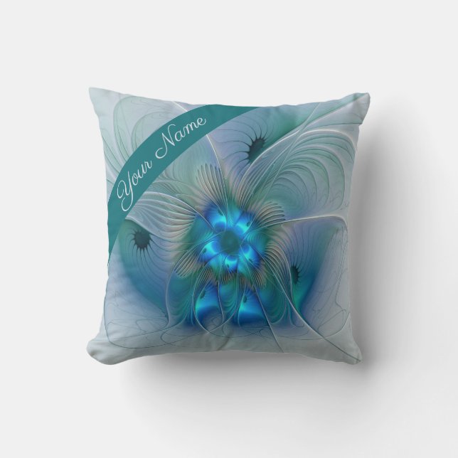 Almofada Ovações de Pé, Nome da Arte Fractal Azul Abstrata (Frente)