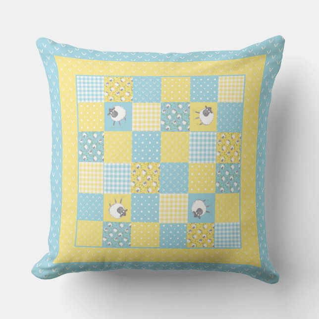 Almofada Ovelha galesa divertida, Faux Patchwork, Travessei (Frente)