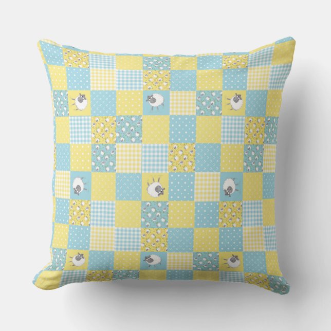 Almofada Ovelha galesa divertida, Faux Patchwork, Travessei (Frente)