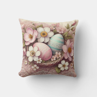 Almofada Ovos florais cor-de-rosa com rendas monograma numa