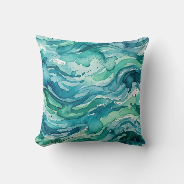 Almofada Padrão Abstrato Aquarela Oceano Azul (Frente)