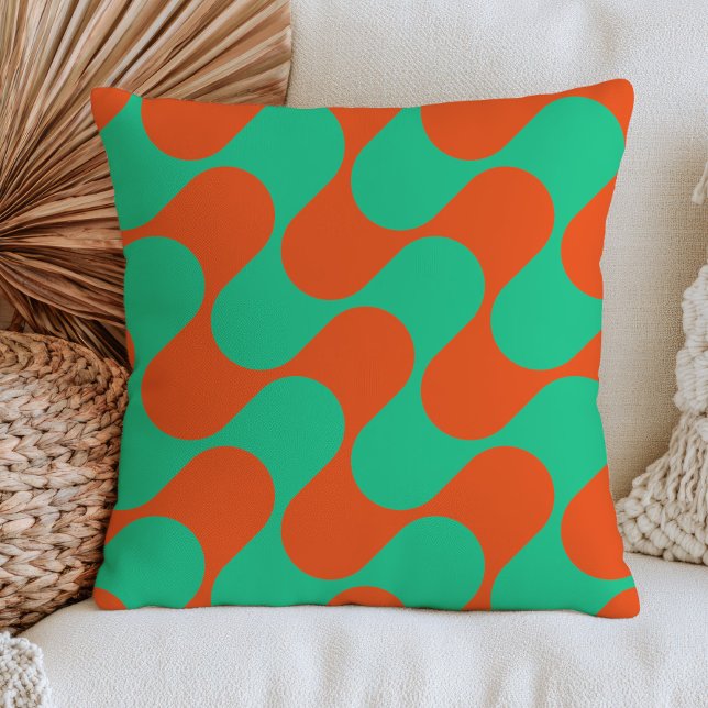 Almofada Padrão Abstrato Ondulado Laranja Queimado e Verde  (Criador carregado)