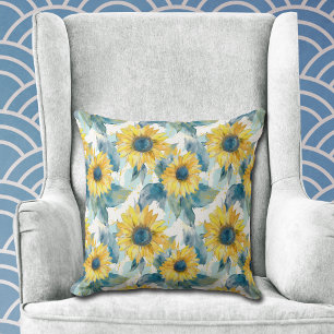 Almofada Padrão Amarelo de Folha Azul de Girassol